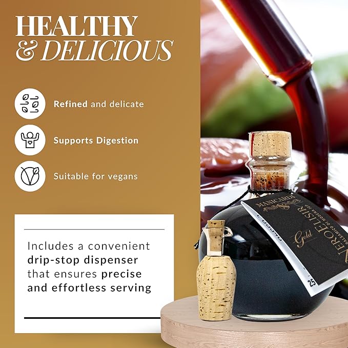MANICARDI Balsamic Vinegar of Modena PGI - Dense Gold Elisir with Drip-Stop Dispenser Perfect for Snacks, Pasta, Vegetables, Salad Dressings, Meat - Made in Italy, 8.45 Fl Oz (250 ml)
