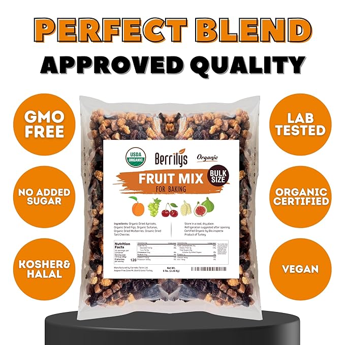 Fruit Mix, Organic, 5 Lbs, Berrilys, Dried Fruits, Diced Figs, Diced Apricots, White Mulberries, Sultanas, Sour Cherries, No Sugar Added, Trail Mix for Baking and Snacking