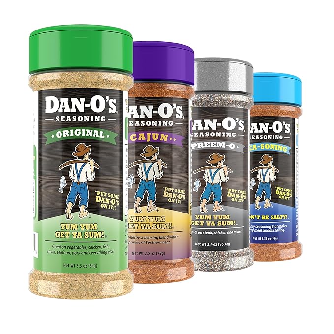Dan-O's 4 Bottle Seasoning Set, Small Bottles, 4 Pack, Includes Original, Preem-O, SEA-soning and Cajun Seasonings, Sugar Free, Zero Calorie, Use this Seasoning Kit to Craft a Marinade, Rub or Sauce
