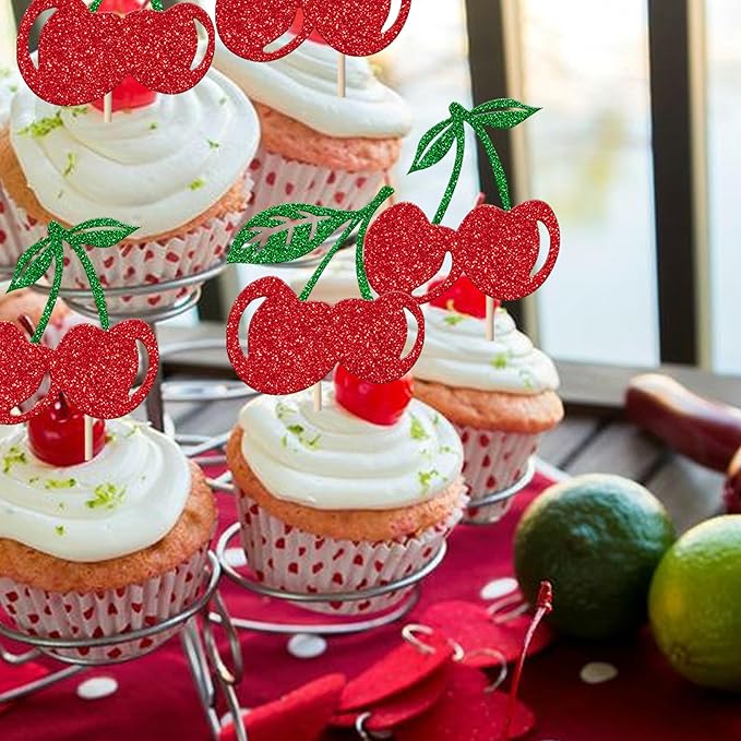 24 Pack Cherry Cupcake Toppers Glitter Red Cherry Cupcake Picks for Fruit Cherry Theme Baby Shower Bridal Shower Birthday Party Cupcake Decorations Supplies