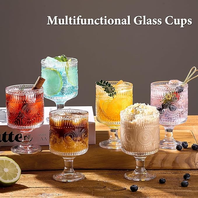 Vintage Goblet Glasses Set of 2, 8oz Embossed Floral Wine Glasses, Clear Glass Cups for Tea, Wine, Beer, or Cocktails (Set of 2)