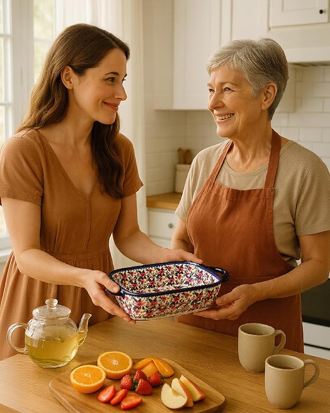 Ceramic Baking Dish Set of 2 ??Decorative Polish Pottery Style Casserole Dishes with Handles, Cute Oven-Safe Lasagna Bakeware Gift Set