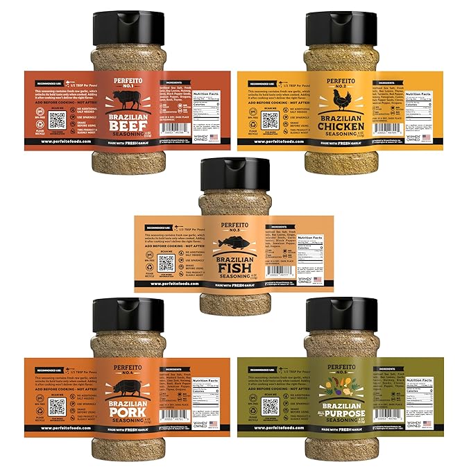 Brazilian Essence Gourmet Seasoning Set - 5 Unique Blends for Beef, Chicken, Seafood, Pork and All Purposes, Gluten-Free, Natural, Sugar Free, No Preservatives, Premium, Rich Flavor. Perfeito Seasoning.