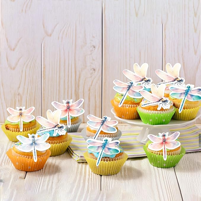 Rsstarxi 60 Pack Dragonfly Edible Cake Toppers Rice Paper Insect Themed Cupcake Picks for Baby Shower Birthday Wedding Anniversary Party Cake Decorations Supplies