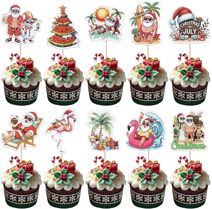 40 PCS Summer Christmas Cupcake Toppers Christmas Party in July Party Decorations Santa Claus Flamingo Cupcake Picks for Summer Beach Pool Hawaiian Theme Party Cake Decorations Supplies