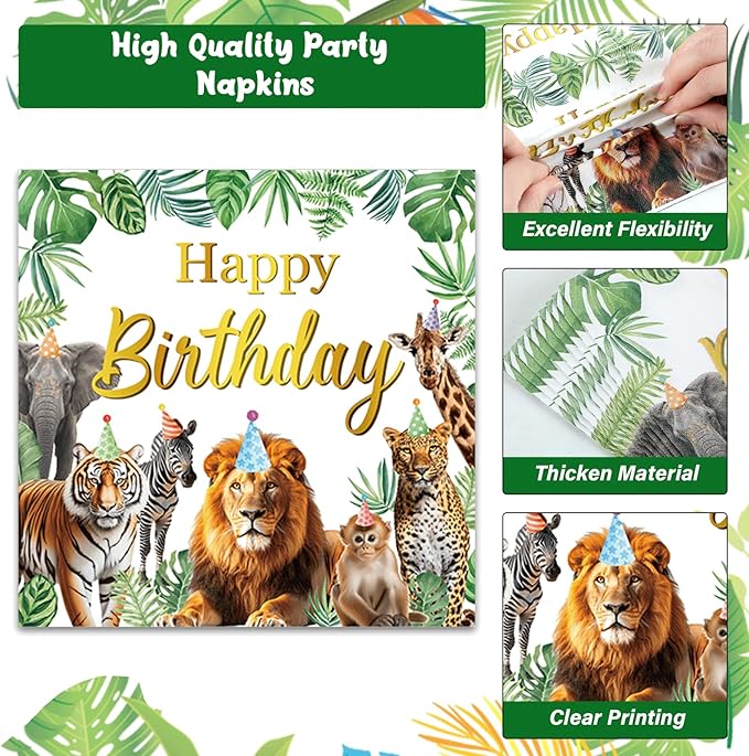 96Pcs Jungle Animals Plates and Napkins Safari Happy Birthday Party Decorations Zoo Party Dessert Plates Wild Animals Lion Tiger Theme Tableware for 24 Guests Men Woman Adults Birthday Supplies