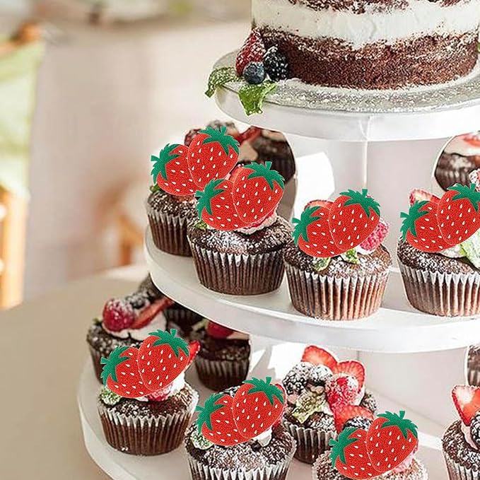 60 Pack Edible Sweet Strawberry Cupcake Toppers Rice Paper Wafer Paper First Birthday Strawberry Cake Picks for Fruit Baby Shower Berry Sweet Kids Birthday Cake Decorations