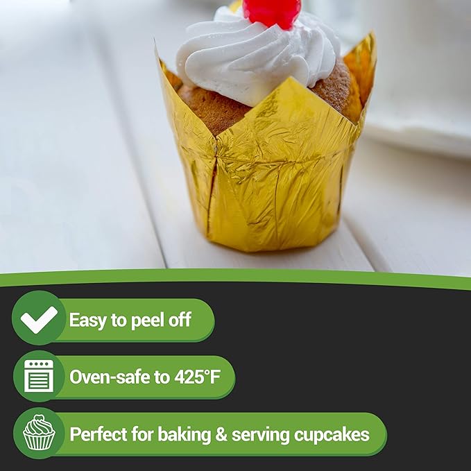 Restaurantware 4 Ounce Petal Baking Cups 200 Grease Resistant Tulip Cupcake Wrappers - Tulip Shaped Oven Safe Gold Paper Disposable Cupcake Liners For Parties and Weddings Mini