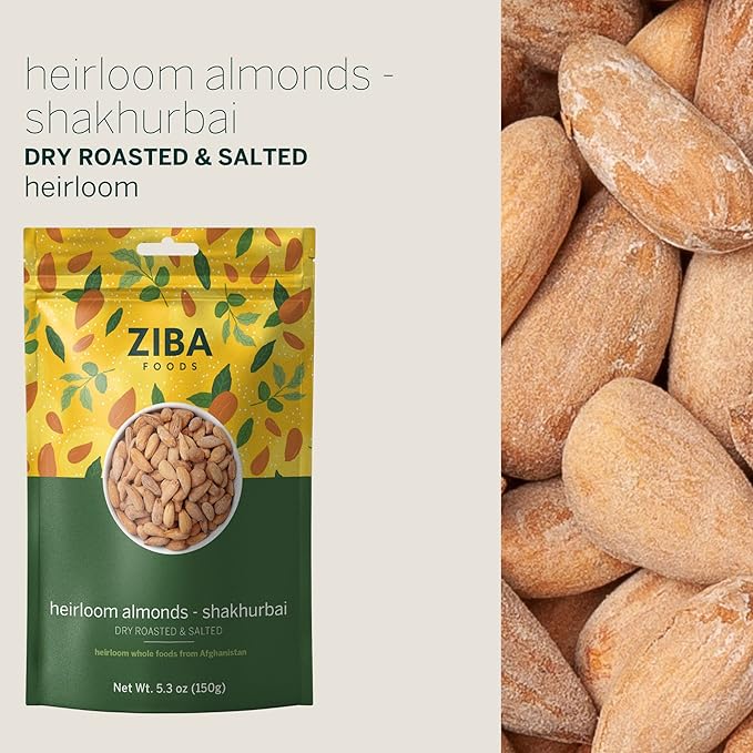 Ziba Foods Heirloom Shakhurbai Almonds | Dry Roasted & Salted | Non-GMO, Vegan, Gluten Free Snack, Nuts | Heirloom, Warm & Nutty | Healthy, Delicious Snack, 5.3 oz