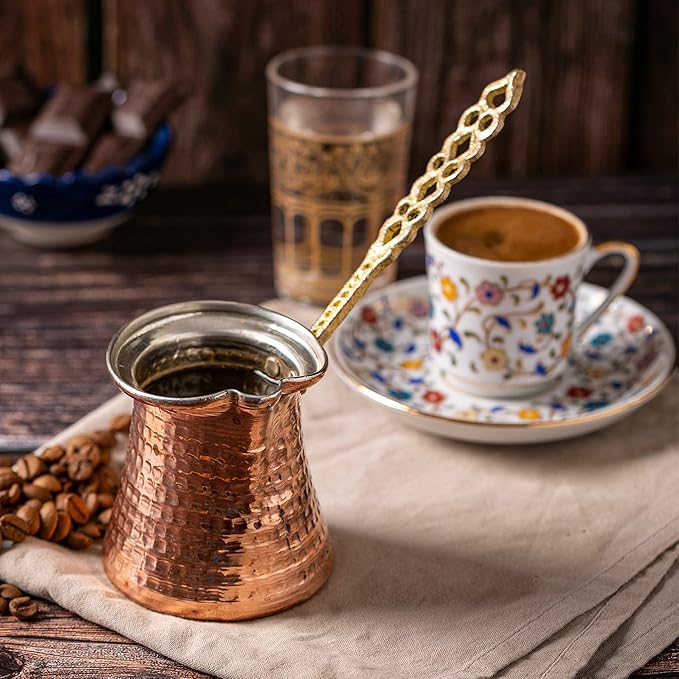 Volarium Turkish Coffee Pot, Greek Arabic Coffee Maker, Hammered Copper Coffee Cezve, Stove Top Coffee Maker (Small)