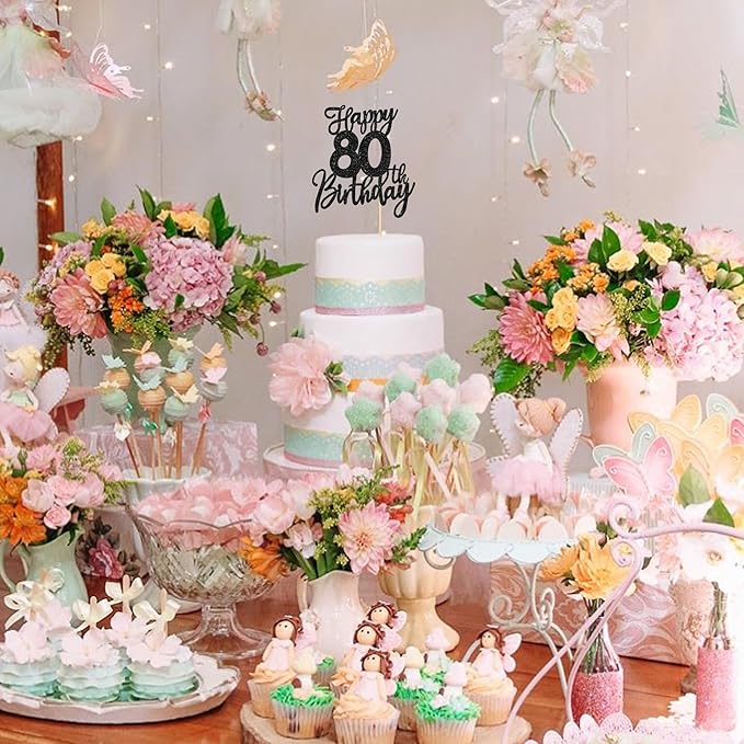 1 PCS Happy 80th Birthday Cake Topper Glitter Cheers to 80 Years Birthday Cake Pick Eighty Hello 80 Fabulous Cake Decoration for Happy 80th Birthday Anniversary Party Decorations Supplies Black