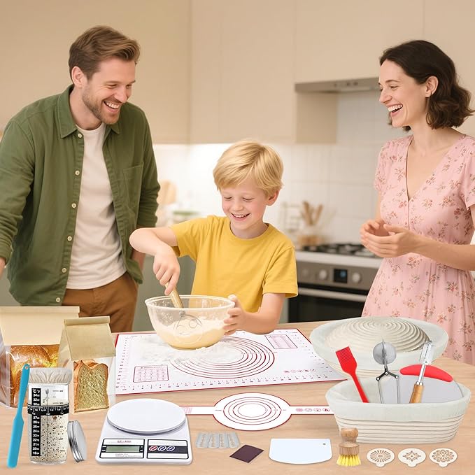 Banneton Proofing Basket Set,10 Inch Round & Oval Natural Rattan Sourdough Bread Proofing Basket Reusable Bread Baking Supplies with Sourdough Starter Jar, Perfect for Artisan Loaf Shaping