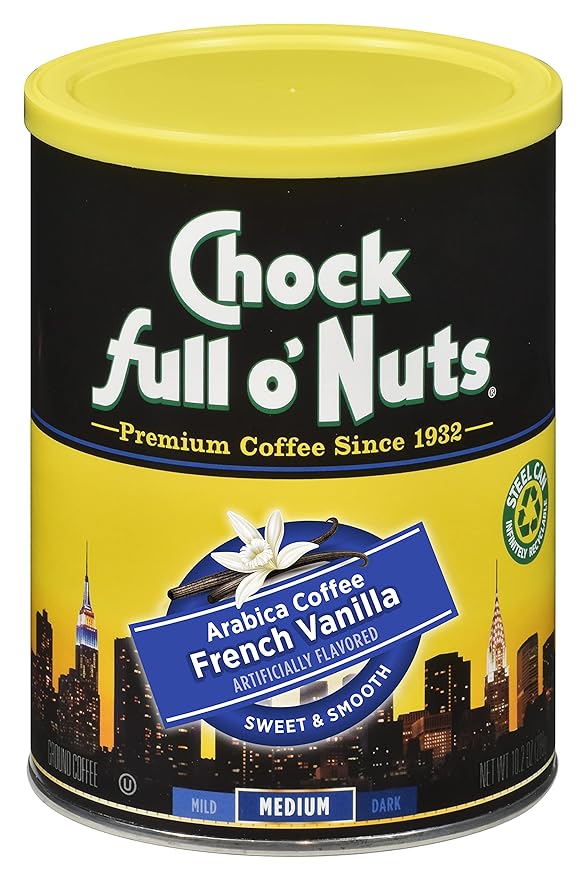 Chock full o??„uts French Vanilla Ground Coffee ??Premium Beans in Recyclable Steel Can ??Rich Flavor & Aroma, Medium Roast ??Perfect for Drip, Pour-Over, Percolator ??10.2 Oz Can