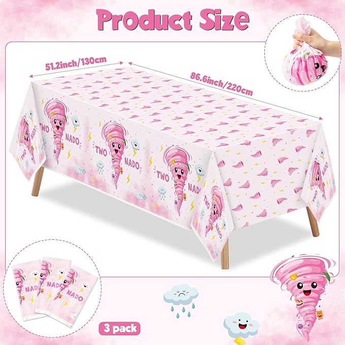 Two Nado Party Tablecloths - 3Pcs Pink Tornado Birthday Party Table Covers Decorations, Cute Two Nado Themed Rectangular Plastic Disposable Table Cloth Decor for Baby Girls 2nd Birthday Baby Shower