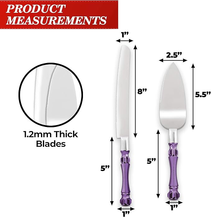 Purple Wedding Cake Knife and Server Set, Cake Cutter and Spatula, Acrylic Handle Set with 1.2mm Thick Blades for Weddings and Parties