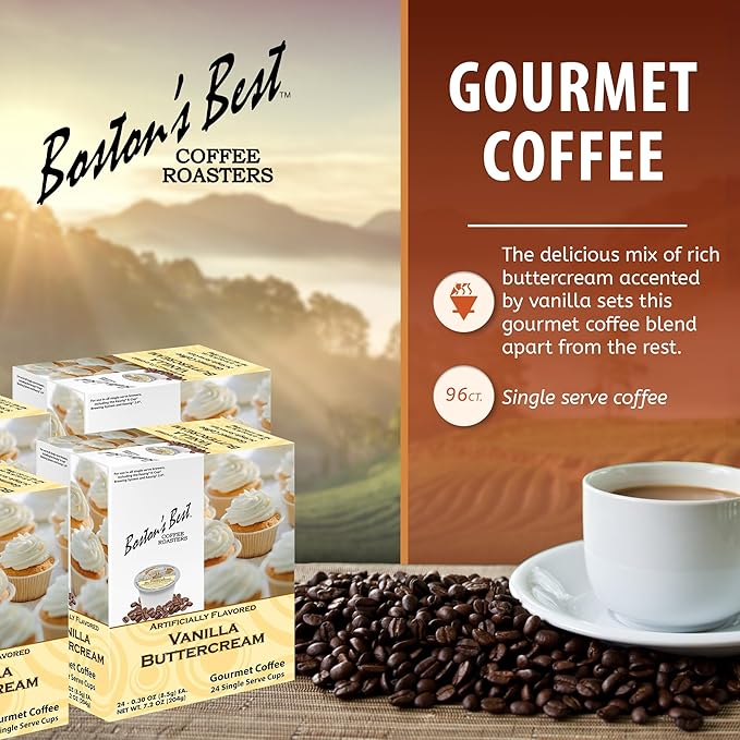 Boston’s Best - Vanilla Buttercream Flavored Delicious Gourmet Coffee Compatible with Keurig Coffee Maker, 24 Count (Pack of 4)