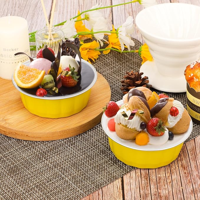 Beasea Aluminum Cups for Baking, 8oz 50 Pack Disposable Ramekins with Lids, Lemon Yellow Aluminum Foil Cups Creme Brulee Muffin Cupcake Baking Cup Mini Pudding Cups for Party Wedding Birthday