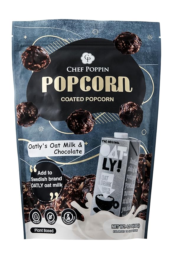 CHEF POPPIN Asian-Style Gourmet Flavored Popcorn, Non-GMO Corn, All Natural, Oatly's Oatmilk & Chocolate 120g, 4.23 oz