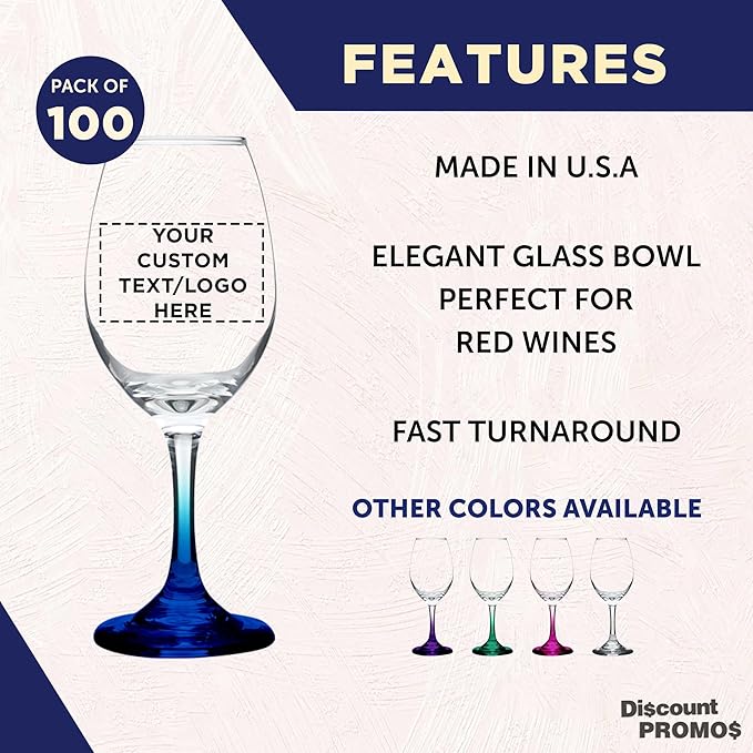 Custom Rioja Wine Glasses with Stem 10 oz. Set of 100, Personalized Bulk Pack - Color Bottom, Perfect for Wedding, Party Favors, Birthday, Bridal Shower Gifts - Blue