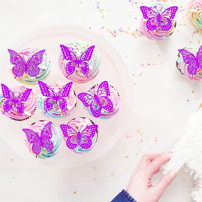 Gyufise Metallic Purple Butterfly Cupcake Toppers Hollow Art 3D Butterfly Cake Toppers Decorations Baby Shower Wedding Anniversary Kids Birthday Party Cake Wall Decorations Supplies 36Pcs