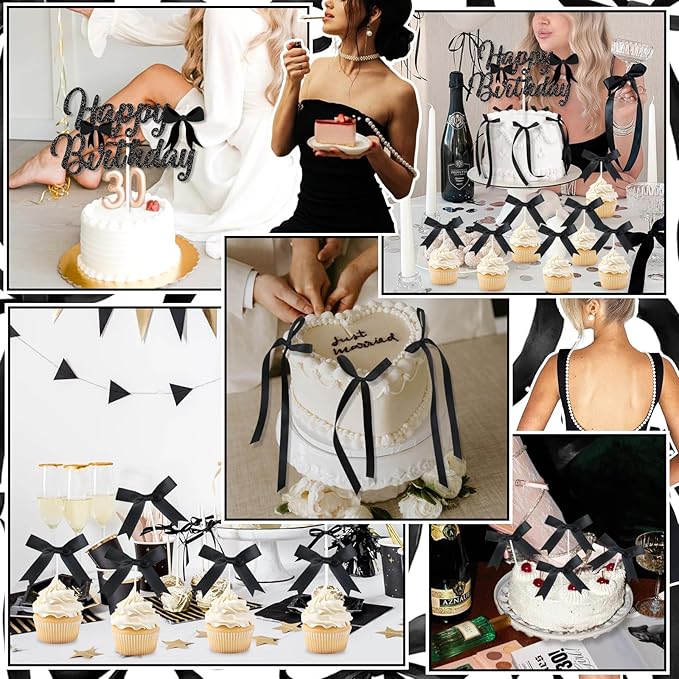 Black Bow Cake Toppers, Happy Birthday Sign, 12Pcs Ribbion Bow Cupcake Toppers & 6Pcs Cake Toppers for Black Bow Birthday Decorations, Baby Shower, Bridal Shower, Graduation Party