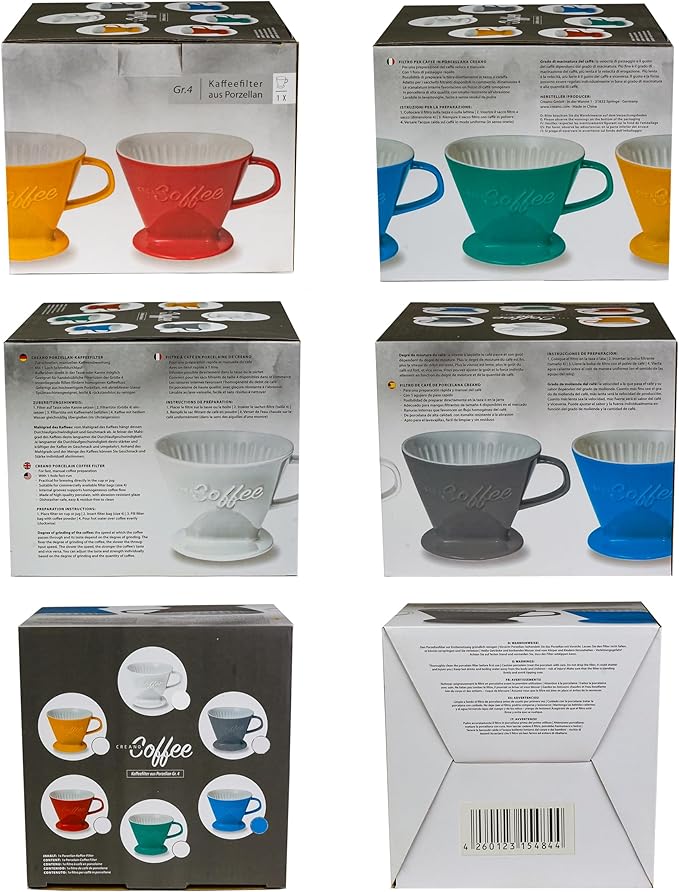 Creano XXL Porcelain Coffee Dripper Blue - Ceramic Cone Brewer - Pour Over Coffee Maker - Filter Size 4 - huge and heavy quality 800gr/28oz - 6 Colours availeble