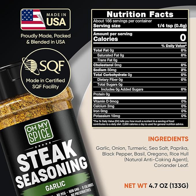 Steak Seasoning Garlic Powder Mix - Gluten Free & Low Sodium Meat Seasoning for Beef, Tomahawk, BBQ & Ribeye. Steak Seasonings for Grilling. Garlic and Herb Seasonings. Steaks Salt. Steaks Rub. 4.7oz