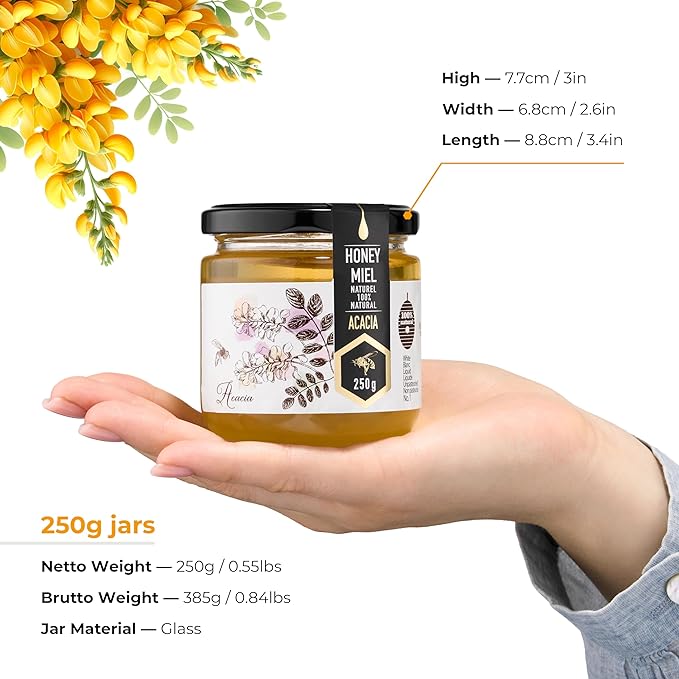 HONIGMA® Raw Acacia Honey | Exquisite Taste | 100% Pure | Unpasteurized | Unfiltered | Partially crystallized | 8.8 Fl Oz Pack of 4