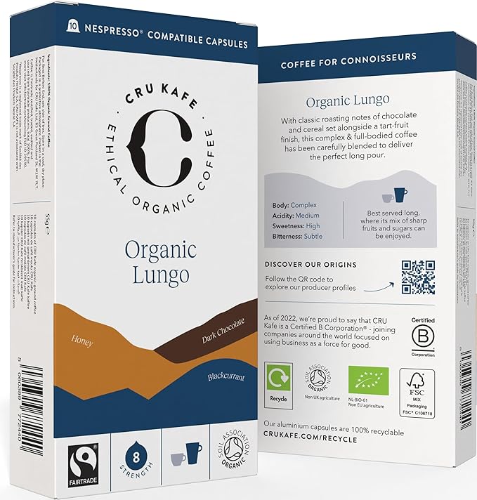 Cru Kafe Lungo Espresso Strong USDA Organic Espresso Coffee Capsules (10 Pods) Fairtrade Coffee Pods Compatible with Nespresso Original Line and Pixie Machines