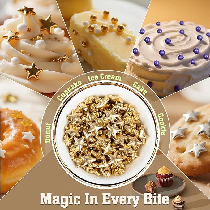 Twisweet Gold Sprinkles, Edible Gold Stars for Cake Decorating, Sugar Sprinkles for Baking, Mix Size Gold Candy, Cake Topper Ice Cream Cupcake Cookie Toppings Dessert Decorations, Christmas Wedding Birthday Party Supplies (130g/4.58oz)