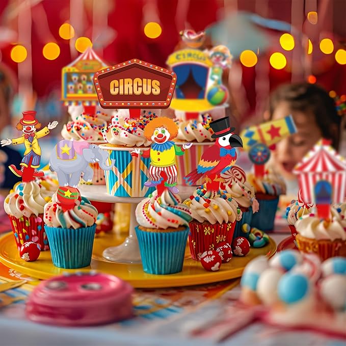 40 Pcs Circus Toppers - Carnival & Circus Party Decorations - Perfect for Cupcake, Cake & Baby Shower