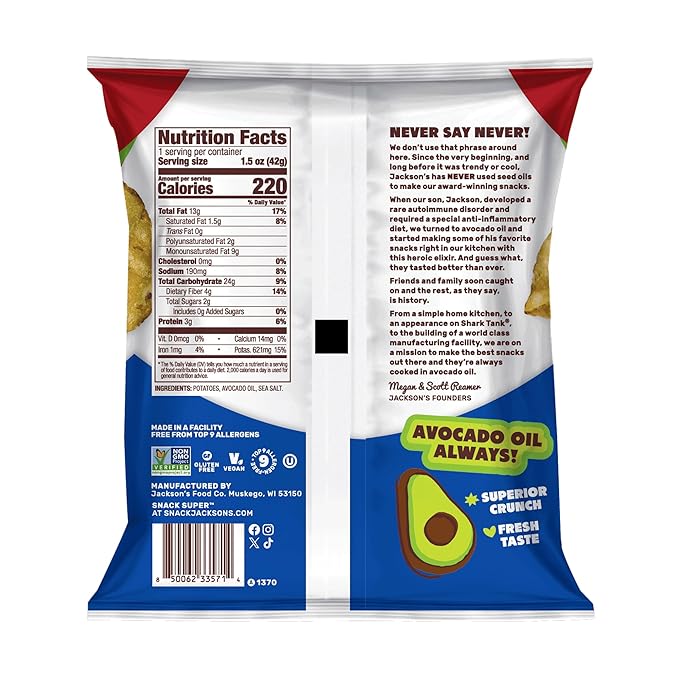 Jackson?™s Potato Classic Kettle Chips with Sea Salt (1.5oz, Pack of 18) - Made with Premium Avocado Oil - Allergen-friendly, Gluten Free, Peanut Free, Vegan, Kosher - Shark Tank Product
