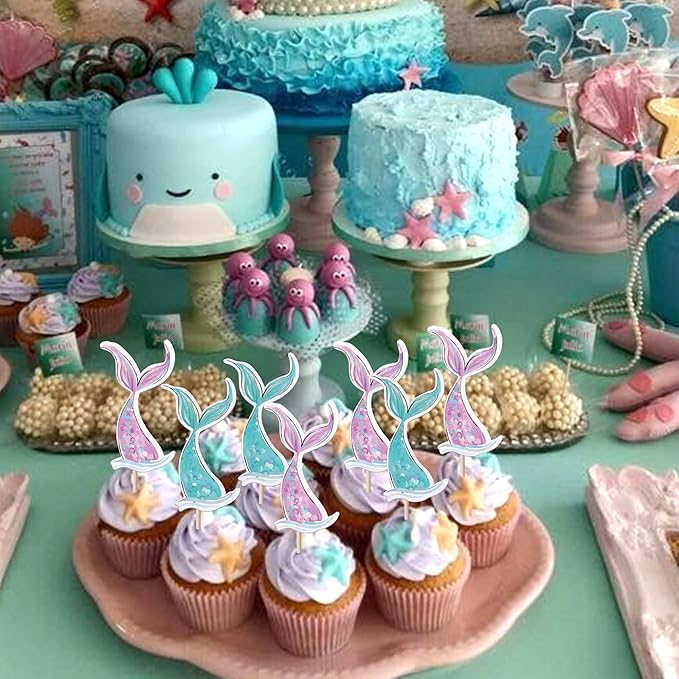 40 Pack Mermaid Cupcake Toppers Under the Sea Mermaid Tail Cupcake Picks for Summer Ocean Sea Animal Theme Baby Shower Kids Birthday Party Cake Decorations Supplies