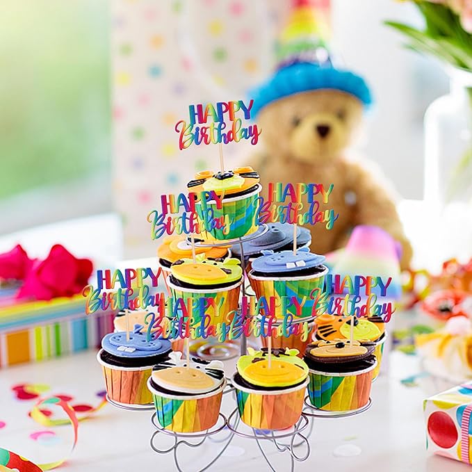ZHUOWEISM 30 PCS Rainbow Happy Birthday Cupcake Toppers - Glitter Cupcake Picks for Celebrating Birthday & Anniversary Parties - Non-Edible Cake Decorations