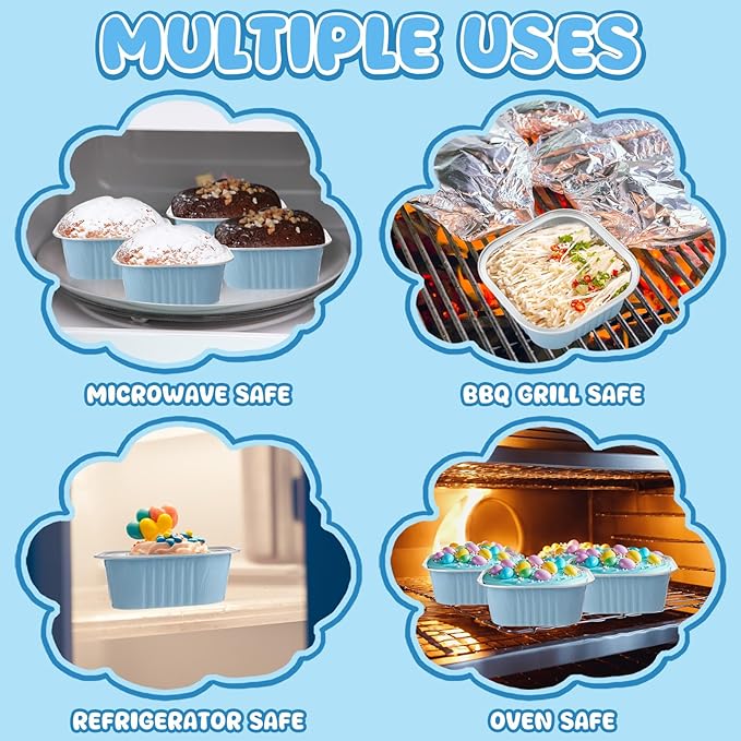 Aoriher 150 Pieces 10 oz Mini Cake Pans with Lids Aluminum Foil Baking Cups Square Disposable 4" x 4" Large Cupcake Cups Baking Tins for Kitchen Brownie Pudding Desserts Holders(Sky Blue)