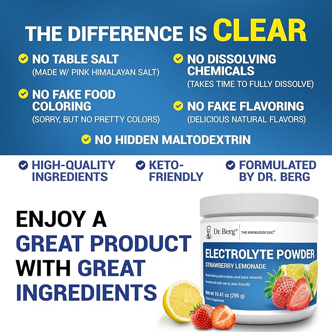 Dr. Berg Zero Sugar Hydration Keto Electrolyte Powder - Enhanced w/ 1000 mg of Potassium & Real Pink Himalayan Salt (NOT Table Salt) - Strawberry Lemonade Hydration Drink Supplement - 50 Servings
