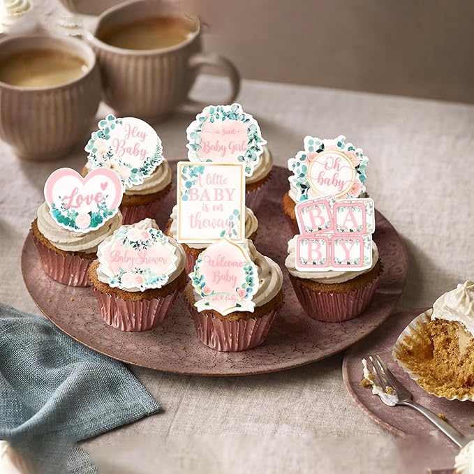 64 PCS Edible Baby Shower Cupcake Toppers Wafer Paper Floral Leaves Welcome Baby Girl Cupcake Picks Edible Love Baby in Bloom Cake Decorations for Gender Reveal Theme Girls Birthday Party Supplies