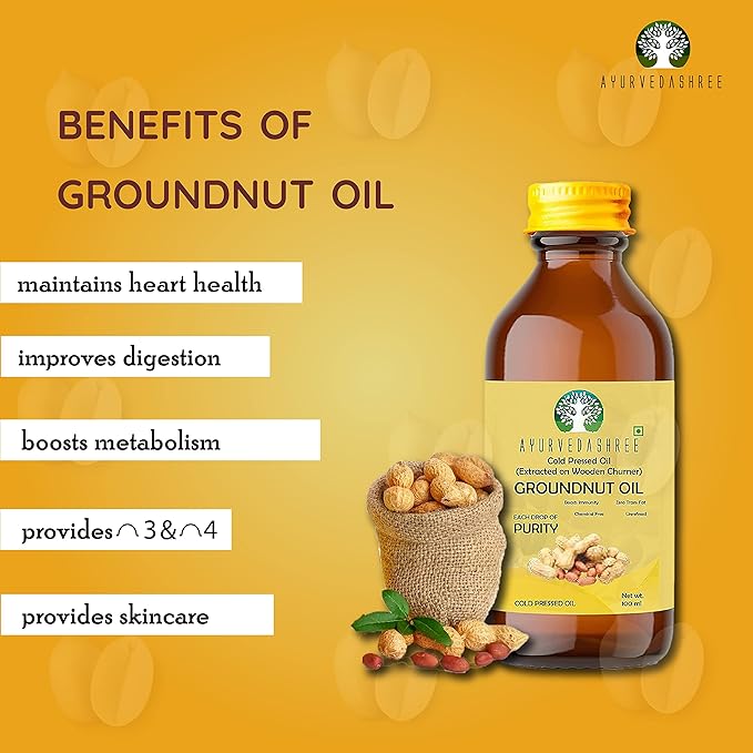 AYUREVDASHREE Cold Pressed Peanut Oil 3.38 fl oz. | Perfect for Deep Frying, High Heat Cooking, Adding to Noodles, Stir-Fries | Wood Pressed Groundnut Oil