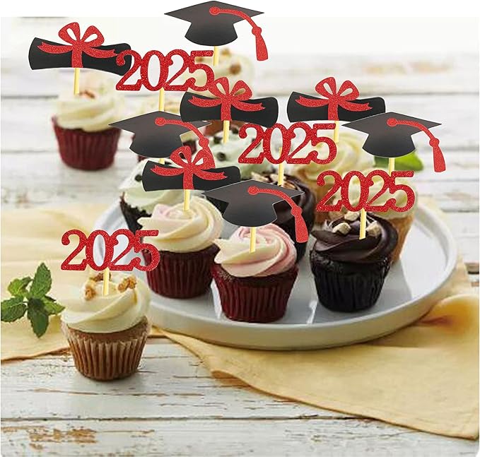 2025 Graduation Cupcake Toppers, 48 PCS Food/Appetizer Picks For Graduation Party Mini Cake Decorations, Diploma, 2025, Grad Cap Set 48 Pieces (03 Red)