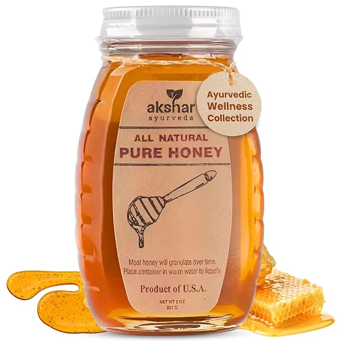 Akshar Ayurveda - 8 Oz Pure Honey - All Natural USA Honey - Smooth & Easy to Pour, Stored in Glass Jar - Natural Superfood Ingredient for Cooking, Baking or Eating Raw