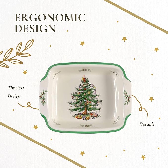 Spode Christmas Tree Rectangular Handled Dish (9" x 12") Baking & Seasonal Platters - Earthenware, Microwave & Dishwasher Safe - Festive Tableware for Holiday Entertaining & Christmas Dining