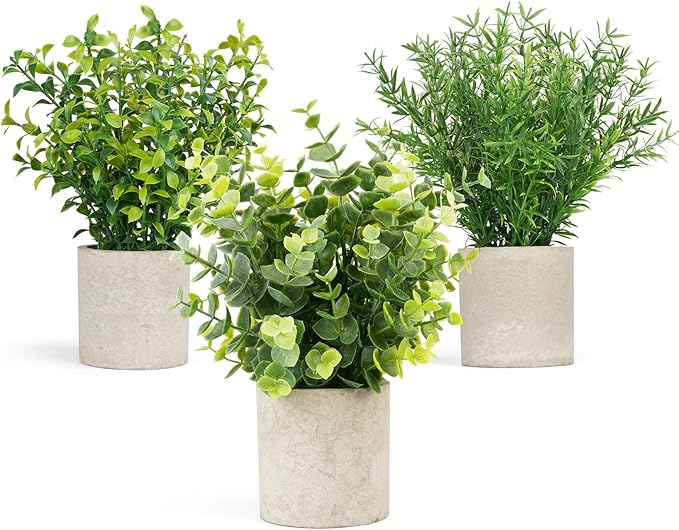 Velener 3 PCS Small Fake Eucalyptus Plant Artificial Potted Plants Indoor for Desk, Shelf, Home Decor Realistic Faux Plant for Office, Bathroom/Living Room Decoration (Sage Green)