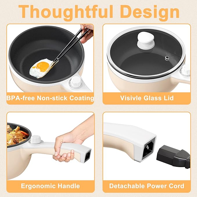 Dezin Hot Pot Electric Upgraded, Non-Stick Saut챕 Pan, Rapid Noodles Electric Pot, 1.5L Mini Portable Hot Pot for Steak, Egg, Fried Rice, Ramen, Oatmeal, Soup with Power Adjustment