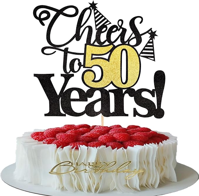 Rsstarxi 1 Pack Cheers to 50 Years Cake Topper Black Glitter Fifty Years Old 50th Birthday Cake Pick Decorations for 40th Birthday Wedding Anniversary Party Supplies