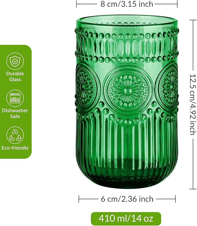 Joeyan Vintage Drinking Glasses Set of 4,14 oz Green Embossed Sunflower Beaded Highball Glass Water Tumbler Cups,Colored Romantic Glassware for Beverages Cocktail Juice Wine,Dishwasher Safe