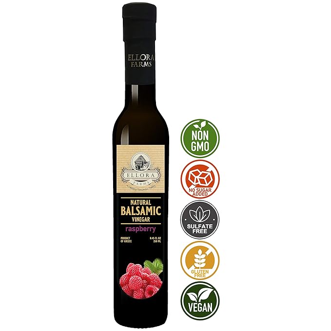 Ellora Farms, Raspberry Balsamic Vinegar, Thick and creamy, Barrel aged, No-added sugar, Award Winning, Glass bottle, 8.45 oz., Pack of 1