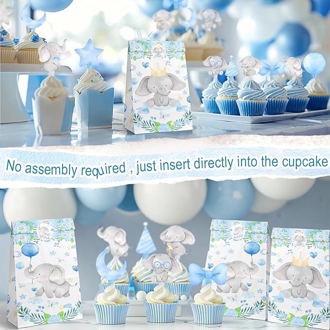 40 Pcs Blue Elephant Cupcake Toppers - Cute Party Decorations and Baby Shower Cake Decor - Perfect for Blue Elephant Birthday Cupcake Toppers, Baby Shower, and Boy Party
