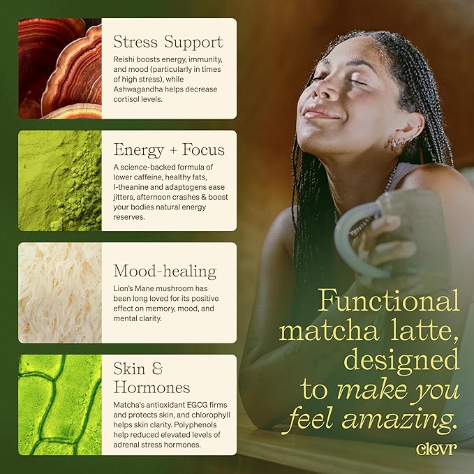 Clevr Blends Organic Matcha Green Tea Latte, Instant Ceremonial Grade, Superfood Powder Blend with Oat Milk, Lions Mane, Reishi Mushroom, Coconut Cream, Ashwagandha, Serve Hot or Iced, (14 Lattes)