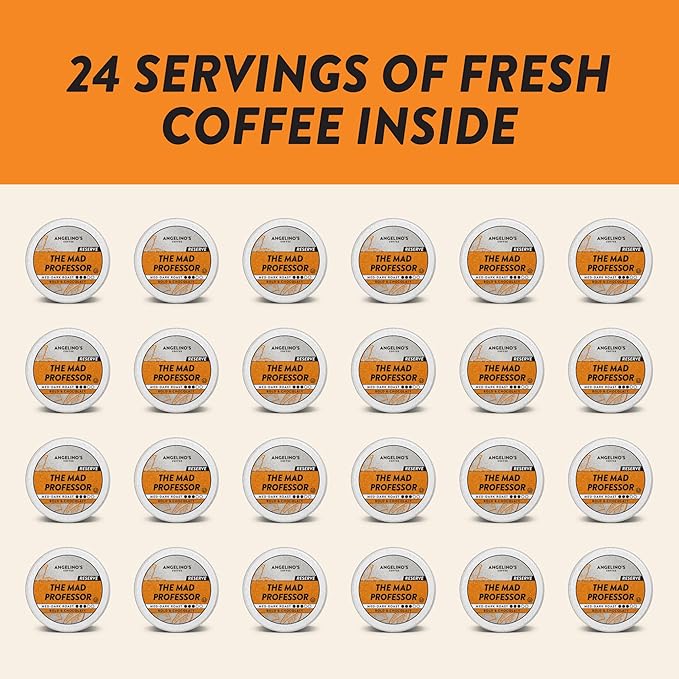 Angelino's Coffee Mad Professor Coffee Pods - Major Colombian Blend, Medium to Dark Roast coffee K Cups compatible, Reserve, Place of Origin: Colombia, Dark Chocolate, Nectarine & Plum Notes, 24 Count - Premium Coffee for Keurig Machines
