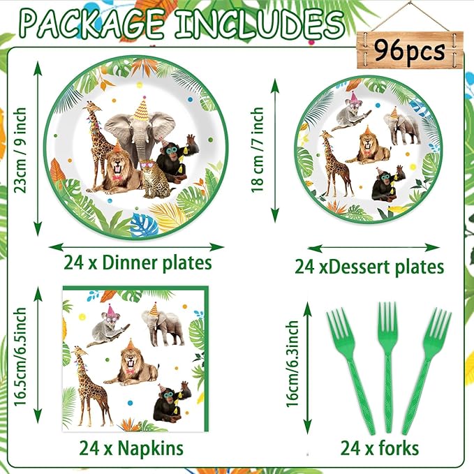 96Pcs Jungle Birthday Party Plates and Napkins Safari Animals Themed Party Decorations Jungle Theme Party Disposable Tableware Set for 24 Guests Wild Animals Gold Safari Zoo Birthday Favors Supplies